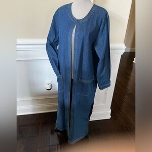Blue Denim Open Front Duster Maxi Long Sleeves Coat.